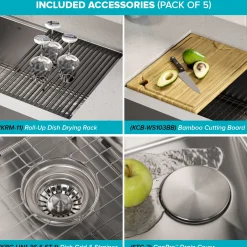 KRAUS Kore Workstation 36" Farmhouse Flat Apron Front 16 Gauge Single Bowl Stainless Steel Kitchen Sink with Accessories