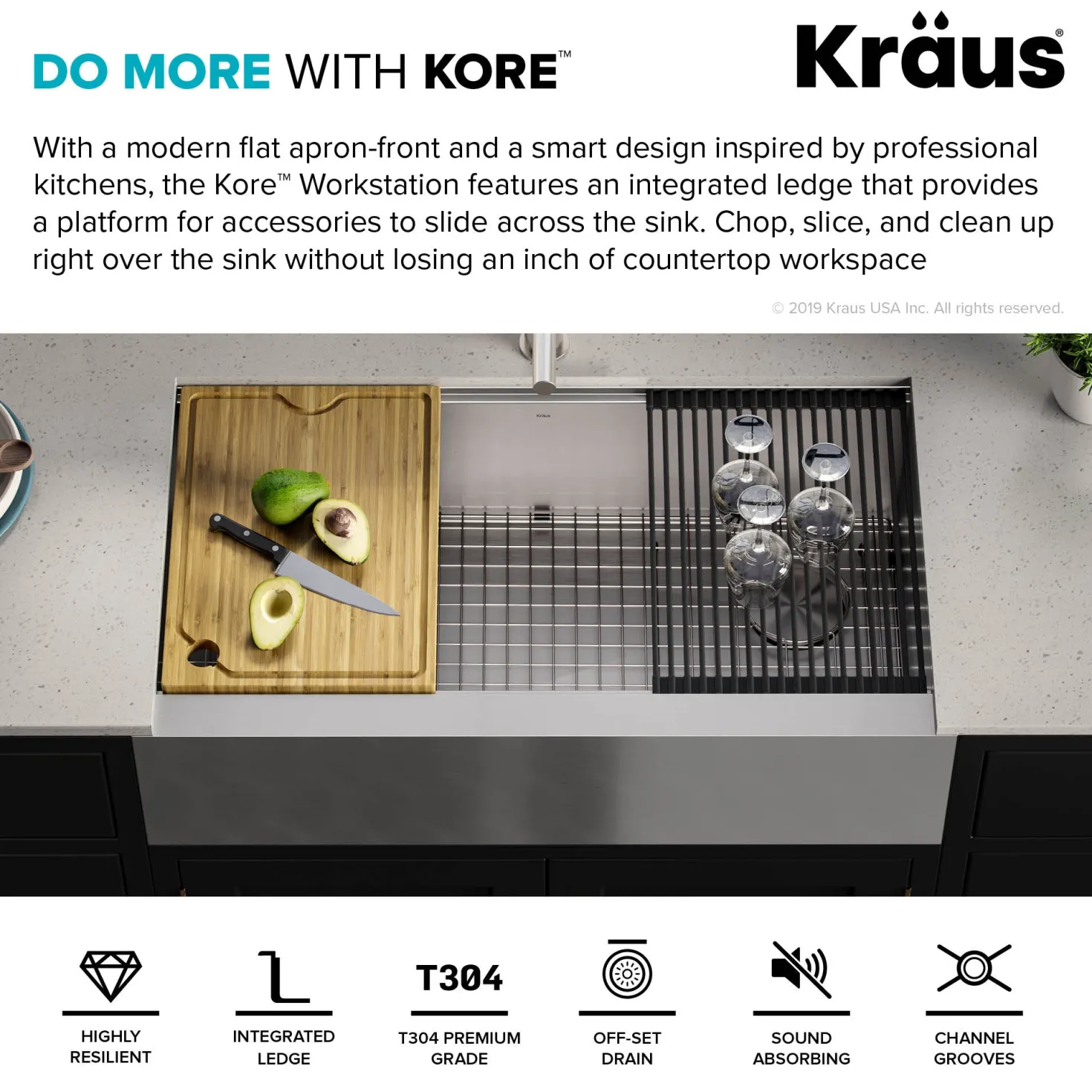 KRAUS Kore Workstation 36" Farmhouse Flat Apron Front 16 Gauge Single Bowl Stainless Steel Kitchen Sink with Accessories