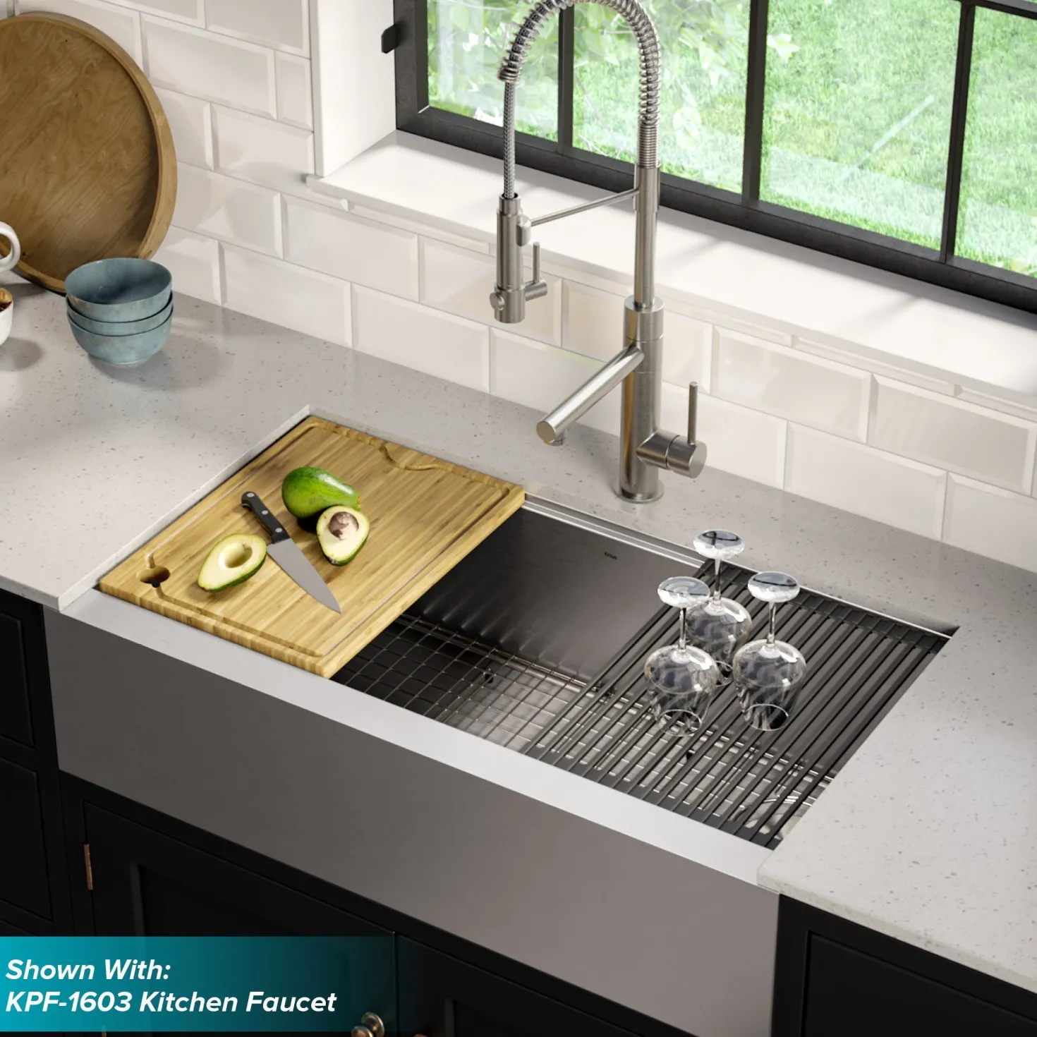 KRAUS Kore Workstation 36" Farmhouse Flat Apron Front 16 Gauge Single Bowl Stainless Steel Kitchen Sink with Accessories