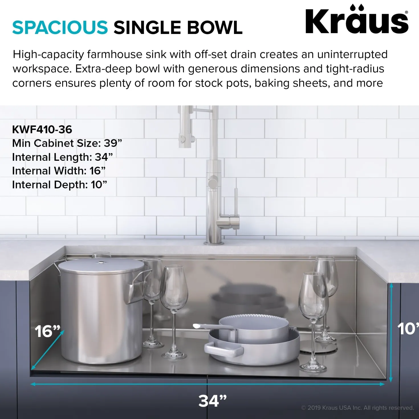 KRAUS Kore Workstation 36" Farmhouse Flat Apron Front 16 Gauge Single Bowl Stainless Steel Kitchen Sink with Accessories