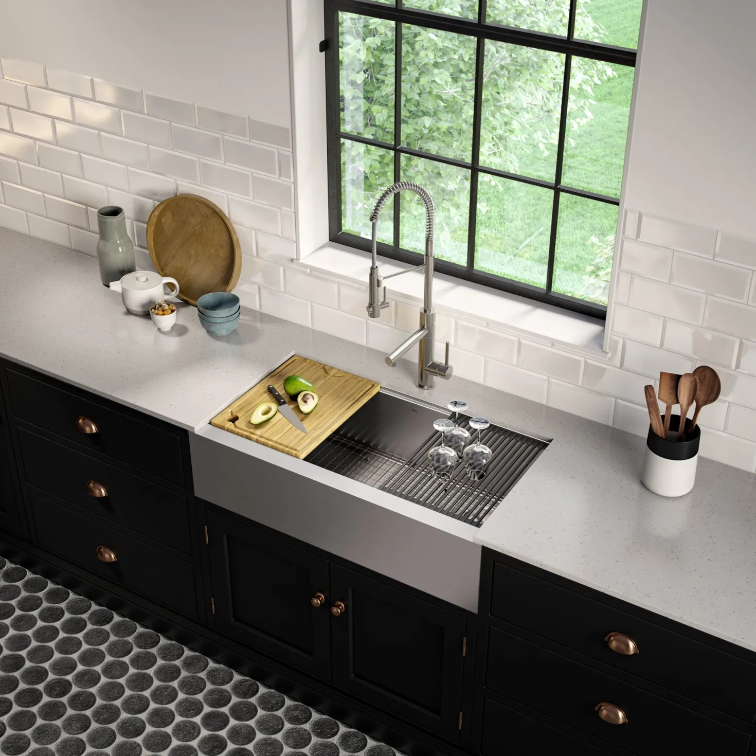 KRAUS Kore Workstation 36" Farmhouse Flat Apron Front 16 Gauge Single Bowl Stainless Steel Kitchen Sink with Accessories