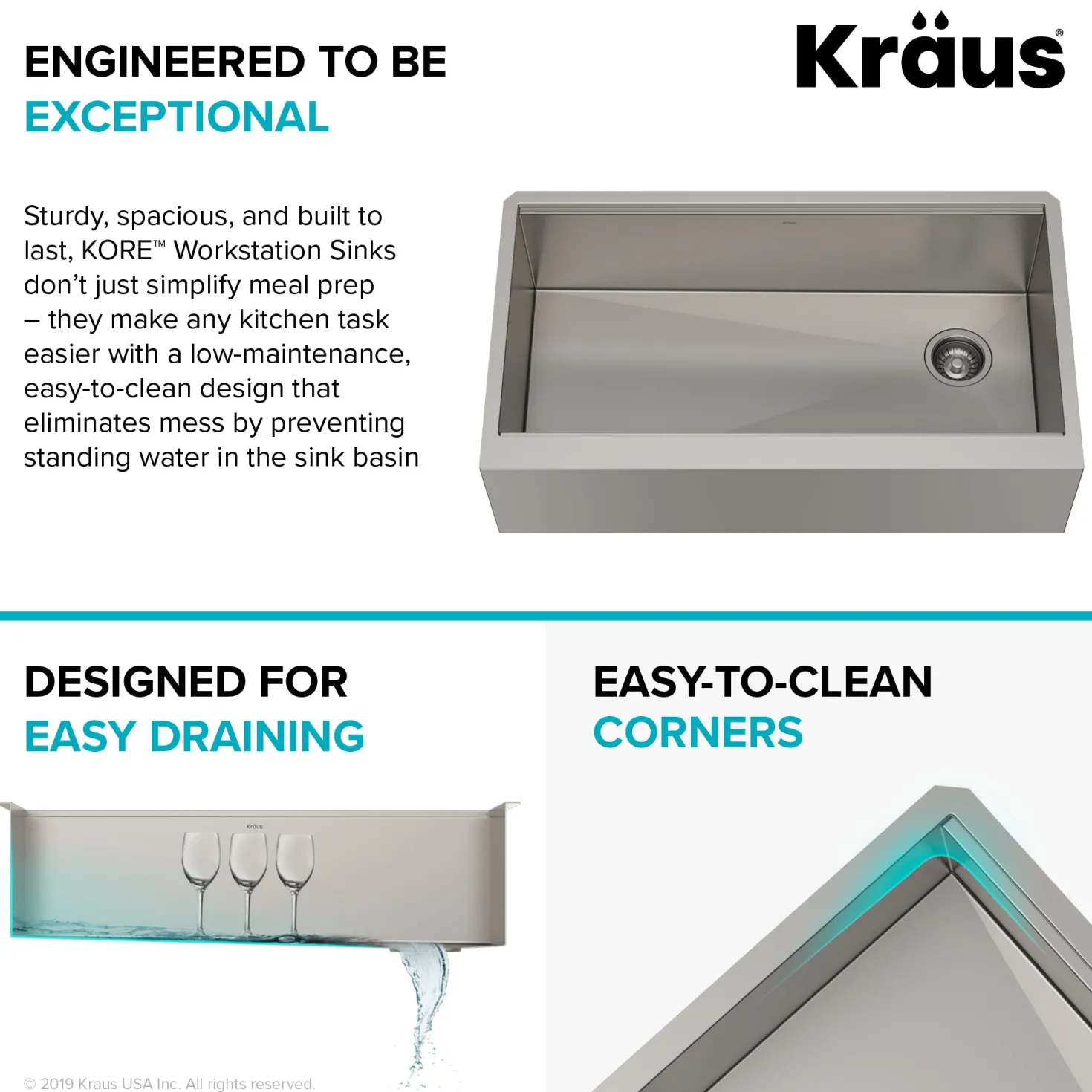 KRAUS Kore Workstation 36" Farmhouse Flat Apron Front 16 Gauge Single Bowl Stainless Steel Kitchen Sink with Accessories