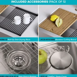 KRAUS Kore Workstation 33" Farmhouse Flat Apron Front 16 Gauge Single Bowl Stainless Steel Kitchen Sink with Accessories