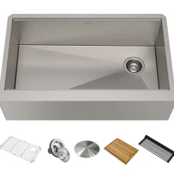 KRAUS Kore Workstation 33" Farmhouse Flat Apron Front 16 Gauge Single Bowl Stainless Steel Kitchen Sink with Accessories