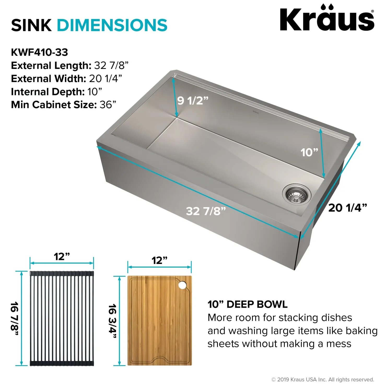 KRAUS Kore Workstation 33" Farmhouse Flat Apron Front 16 Gauge Single Bowl Stainless Steel Kitchen Sink with Accessories