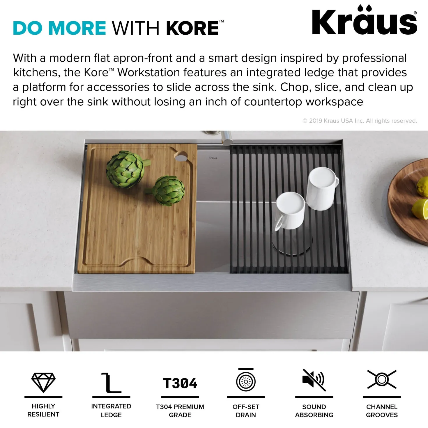 KRAUS Kore Workstation 33" Farmhouse Flat Apron Front 16 Gauge Single Bowl Stainless Steel Kitchen Sink with Accessories