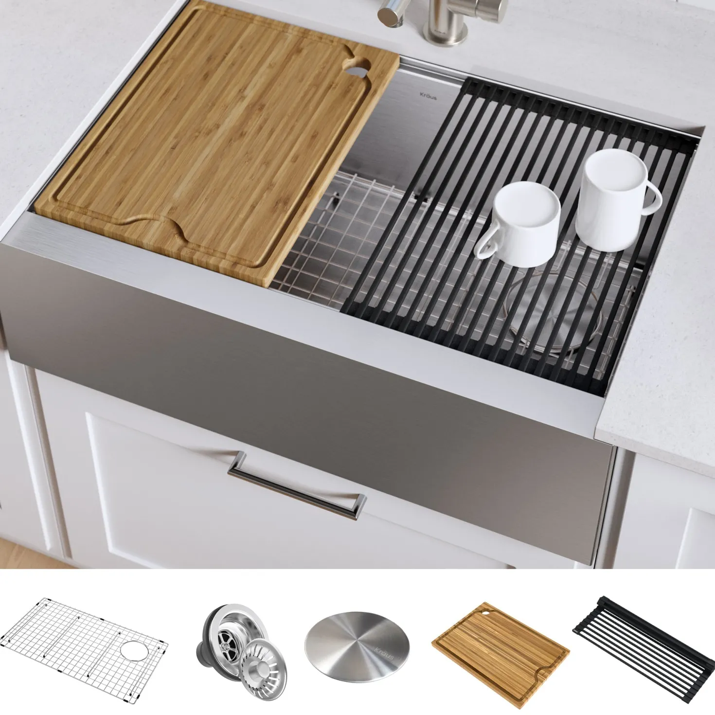 KRAUS Kore Workstation 33" Farmhouse Flat Apron Front 16 Gauge Single Bowl Stainless Steel Kitchen Sink with Accessories