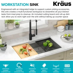 KRAUS Kore Workstation 32" Undermount 16 Gauge 5.5" Deep Single Bowl ADA Kitchen Sink