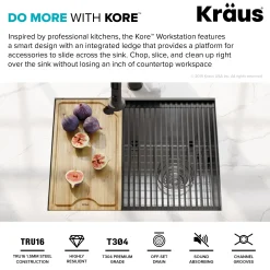 KRAUS Kore Workstation 23" Undermount 16 Gauge Single Bowl Stainless Steel Kitchen Sink with Accessories