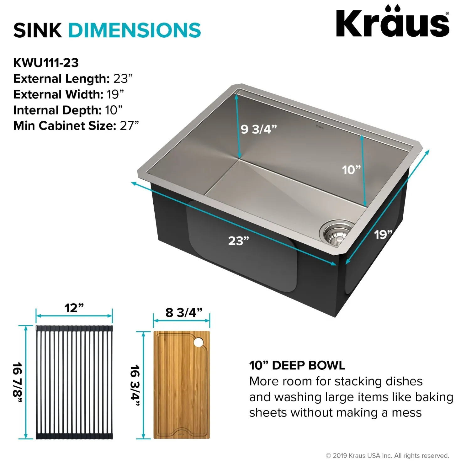 KRAUS Kore Workstation 23" Undermount 16 Gauge Single Bowl Stainless Steel Kitchen Sink with Accessories