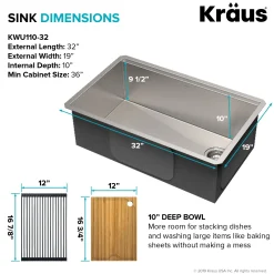 KRAUS Kore Workstation 32" Undermount 16 Gauge Single Bowl Stainless Steel Kitchen Sink with Accessories