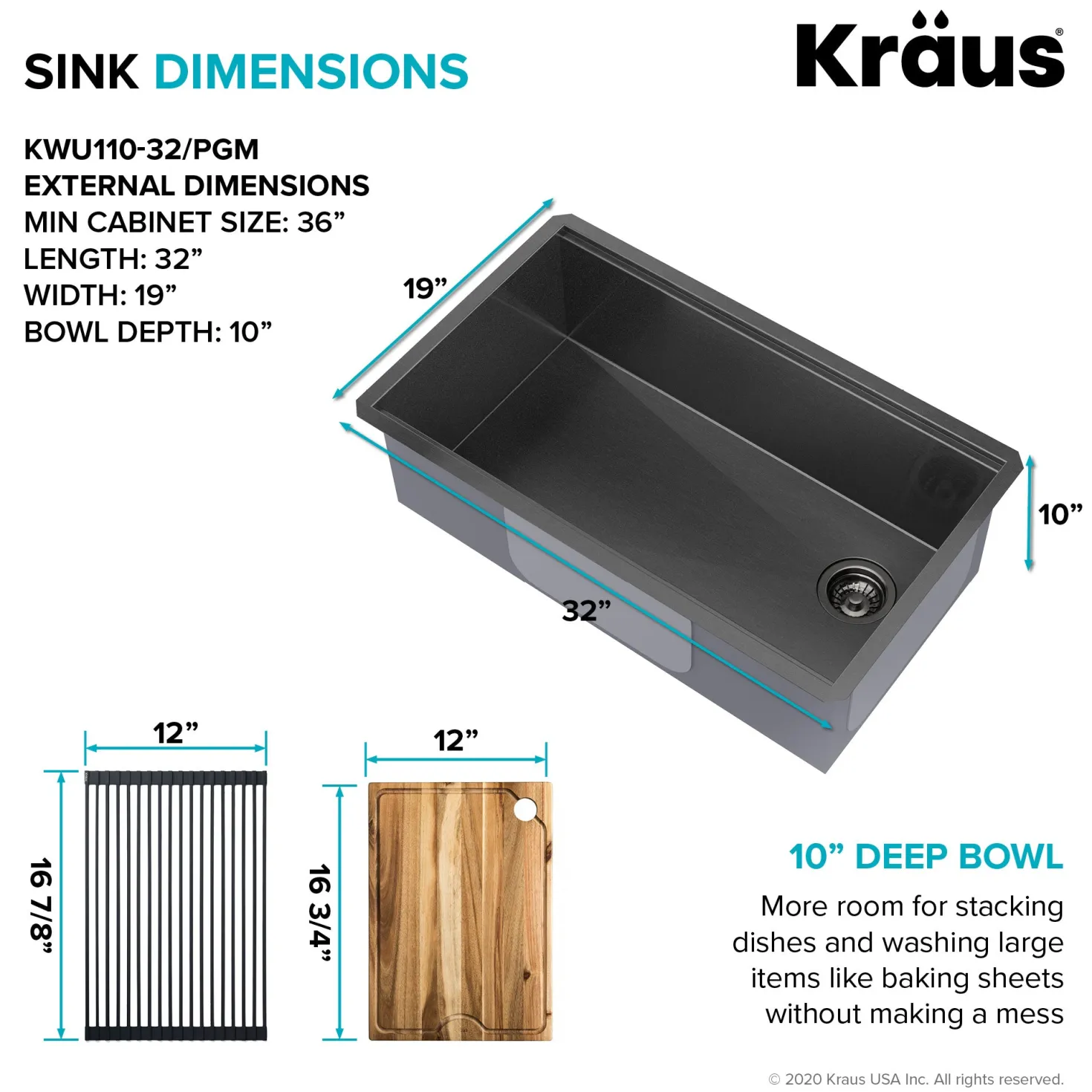 KRAUS Kore Workstation 32" Undermount 16 Gauge Single Bowl Kitchen Sink in PVD Gunmetal