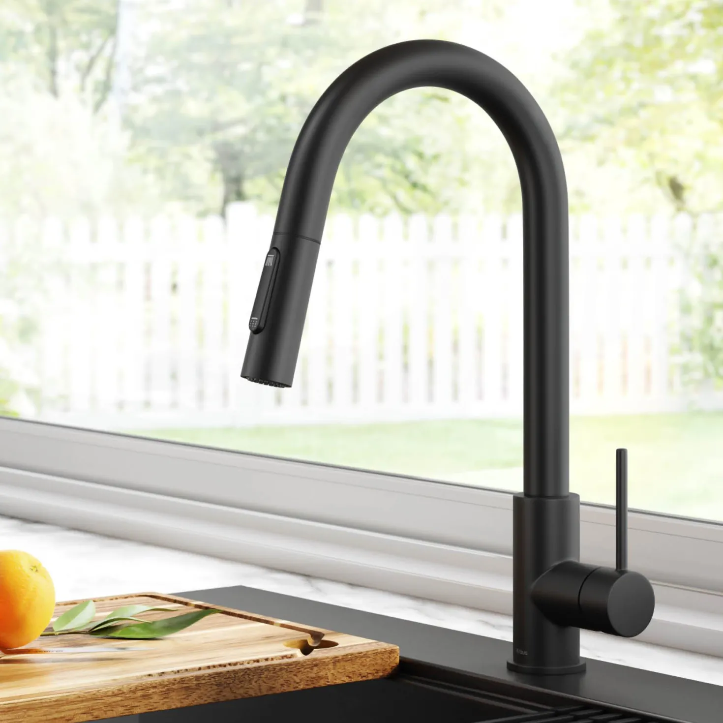 KRAUS New Oletto Contemporary Single Handle Pull Down Kitchen Faucet in Matte Black