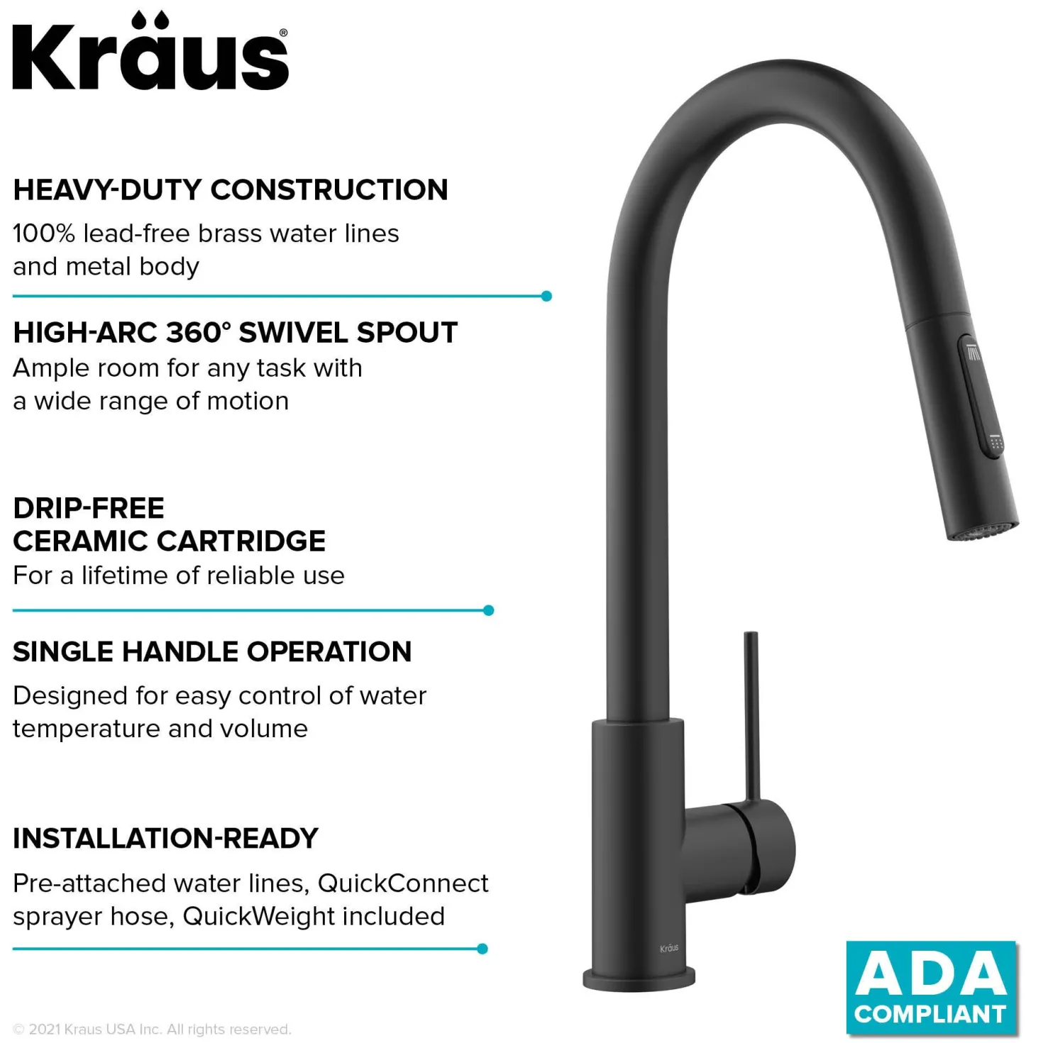 KRAUS New Oletto Contemporary Single Handle Pull Down Kitchen Faucet in Matte Black