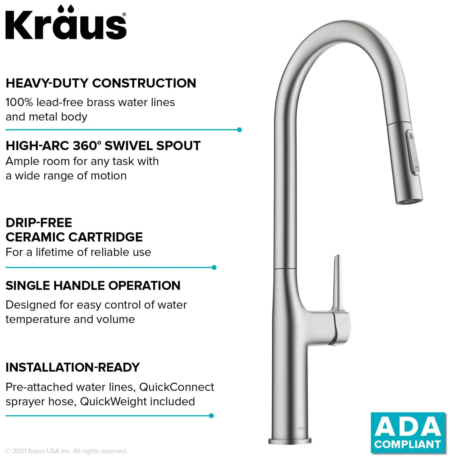 KRAUS New Oletto Modern Single Handle Pull Down Kitchen Faucet in Spot Free Stainless Steel