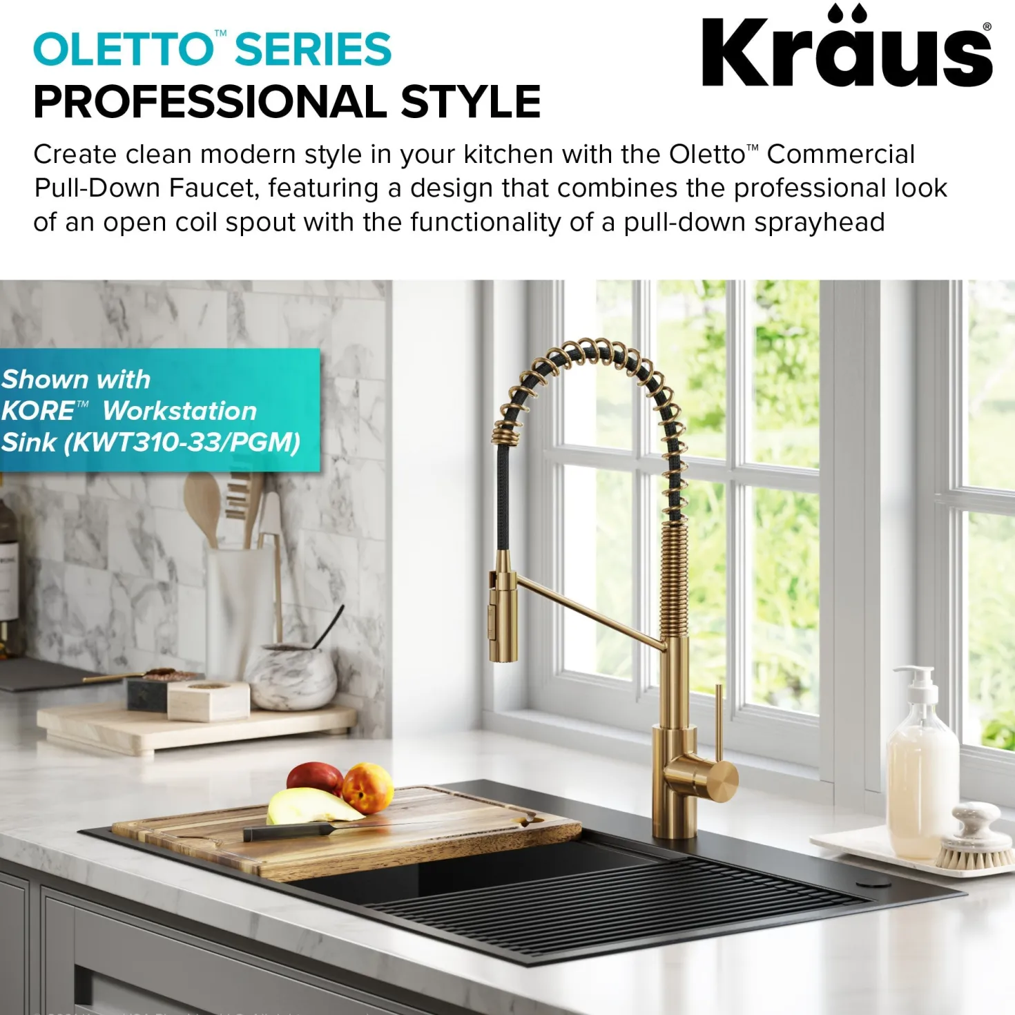 KRAUS Oletto Commercial Style Pull-Down Single Handle Kitchen Faucet in Brushed Brass