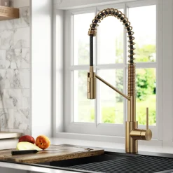 KRAUS Oletto Commercial Style Pull-Down Single Handle Kitchen Faucet in Brushed Brass