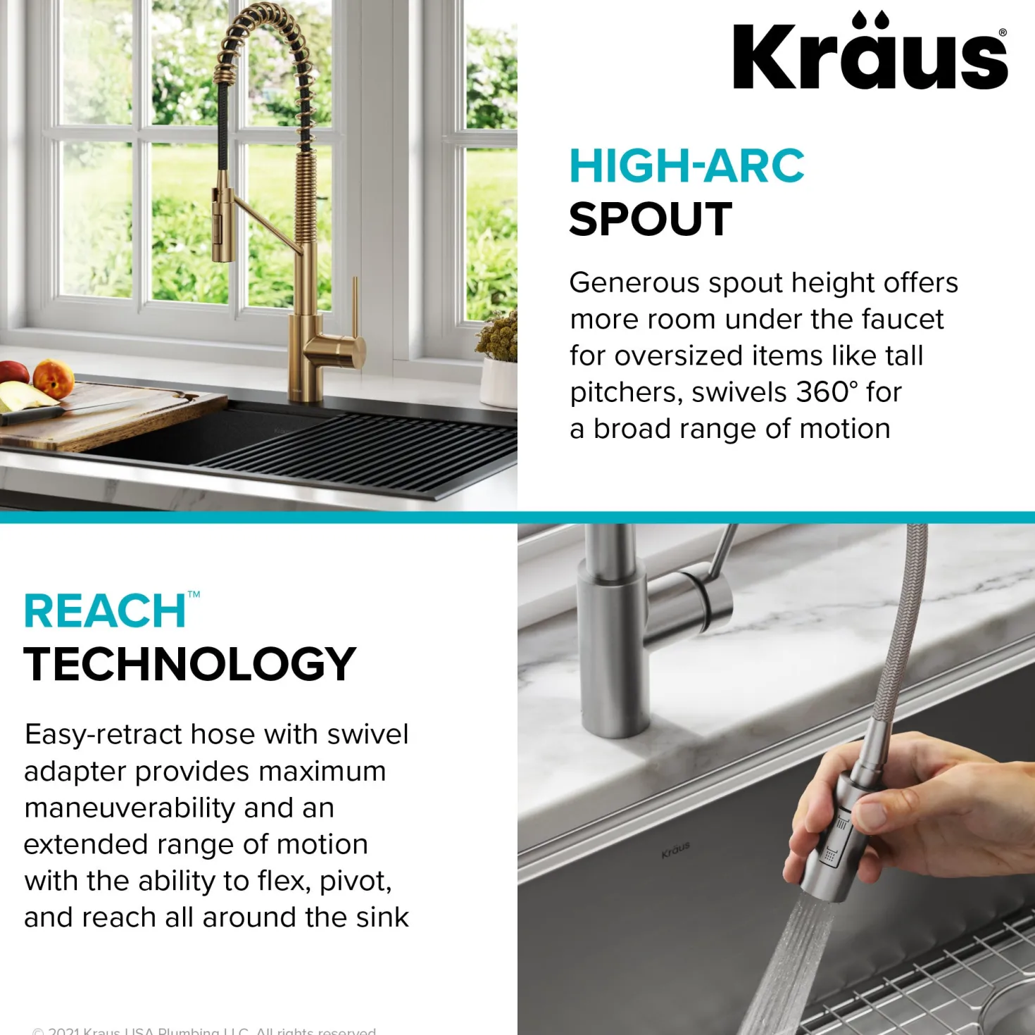KRAUS Oletto Commercial Style Pull-Down Single Handle Kitchen Faucet in Brushed Brass