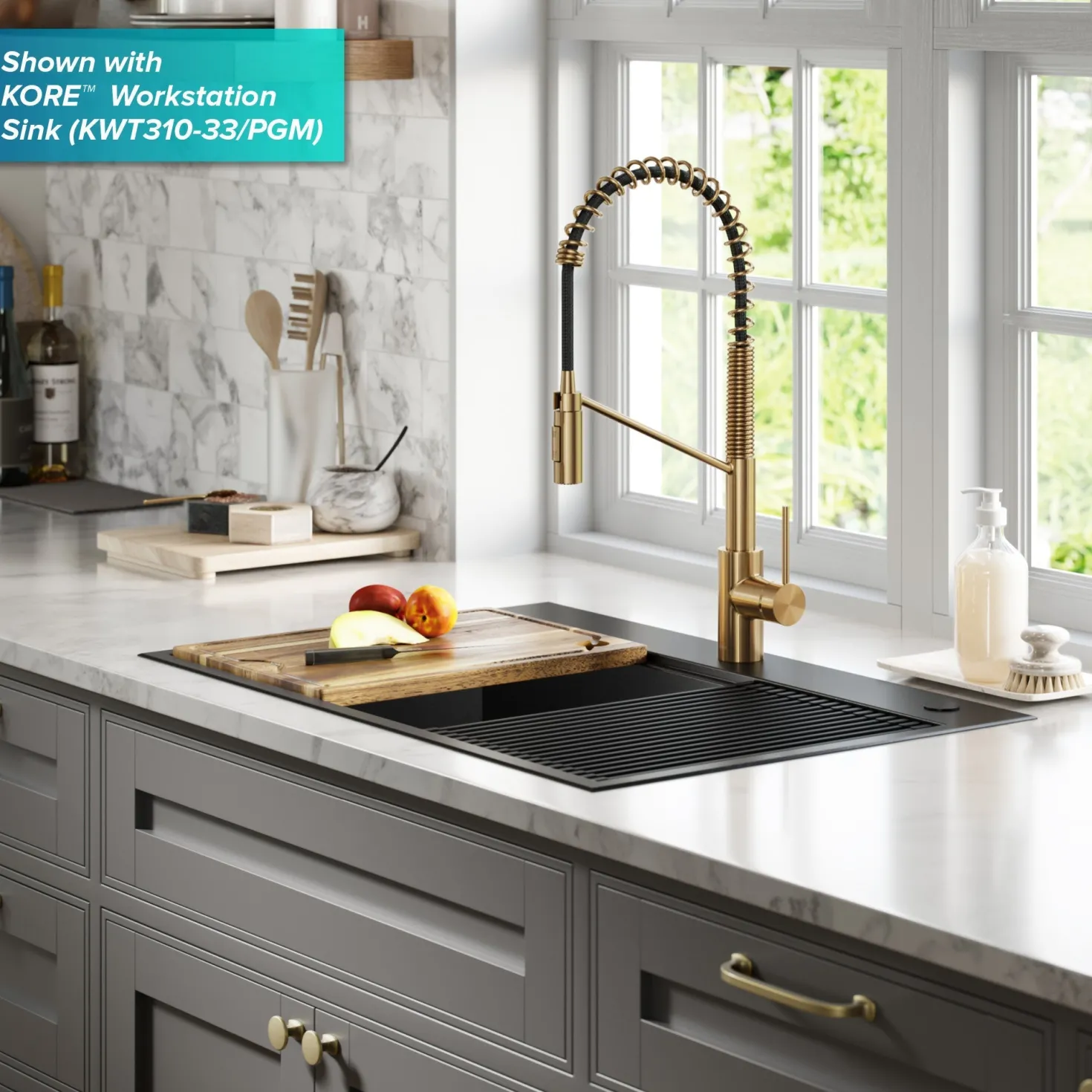 KRAUS Oletto Commercial Style Pull-Down Single Handle Kitchen Faucet in Brushed Brass