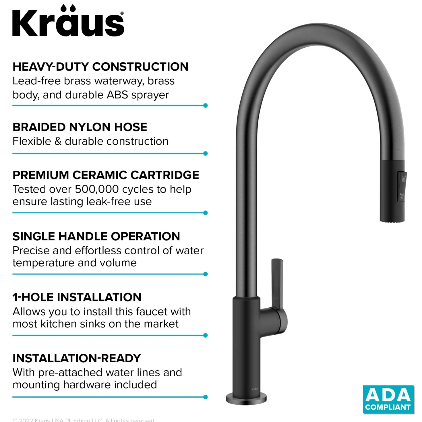 KRAUS Oletto High-Arc Matte Black & Black Stainless Steel Pull-Down Kitchen Faucet