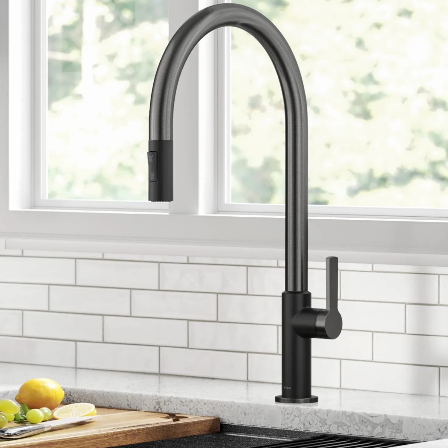 KRAUS Oletto High-Arc Matte Black & Black Stainless Steel Pull-Down Kitchen Faucet