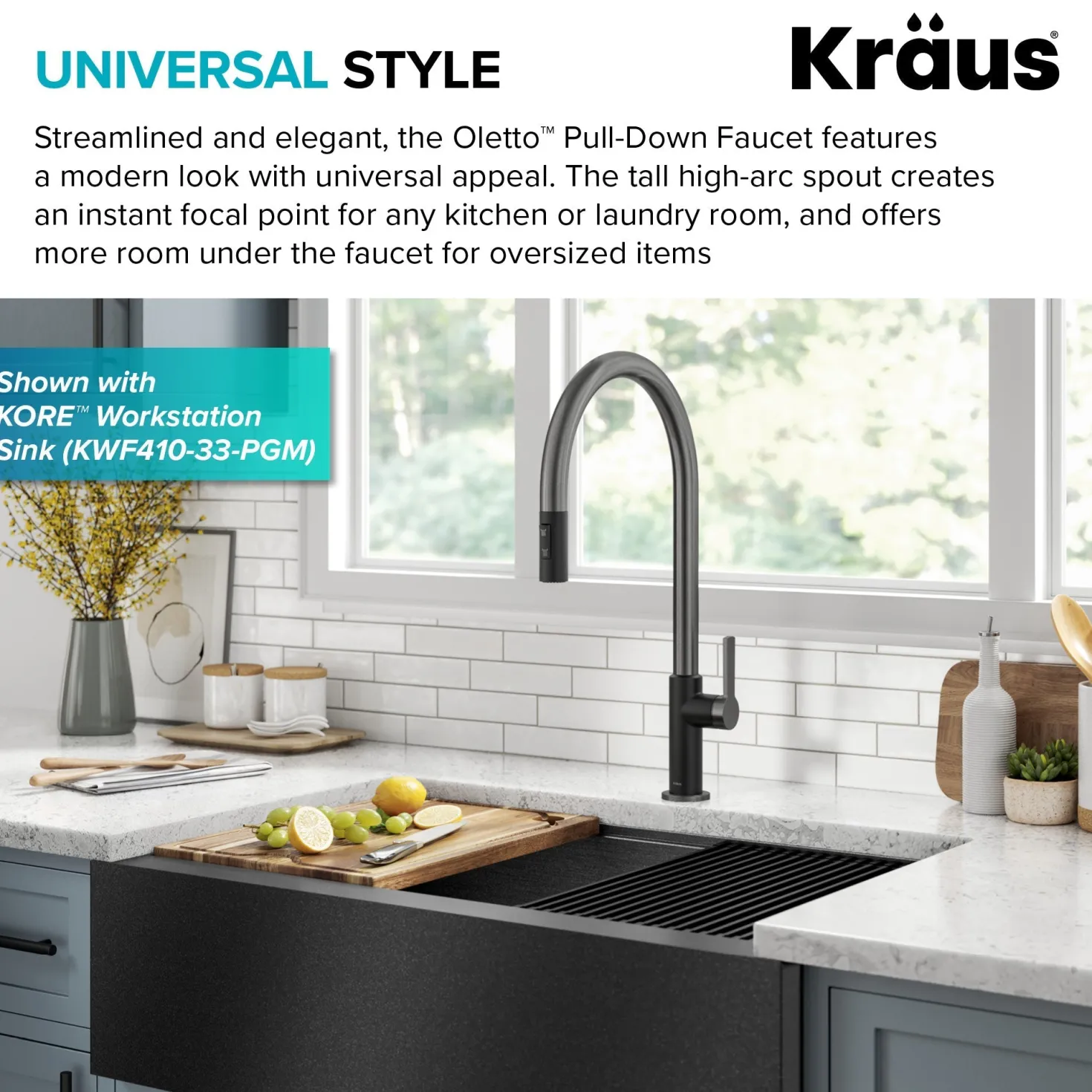 KRAUS Oletto High-Arc Matte Black & Black Stainless Steel Pull-Down Kitchen Faucet