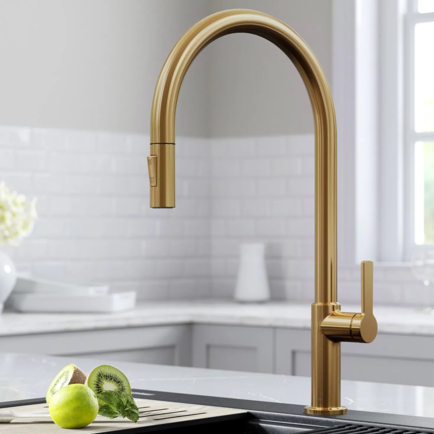 KRAUS Oletto High-Arc Single Handle Pull-Down Kitchen Faucet in Brushed Brass