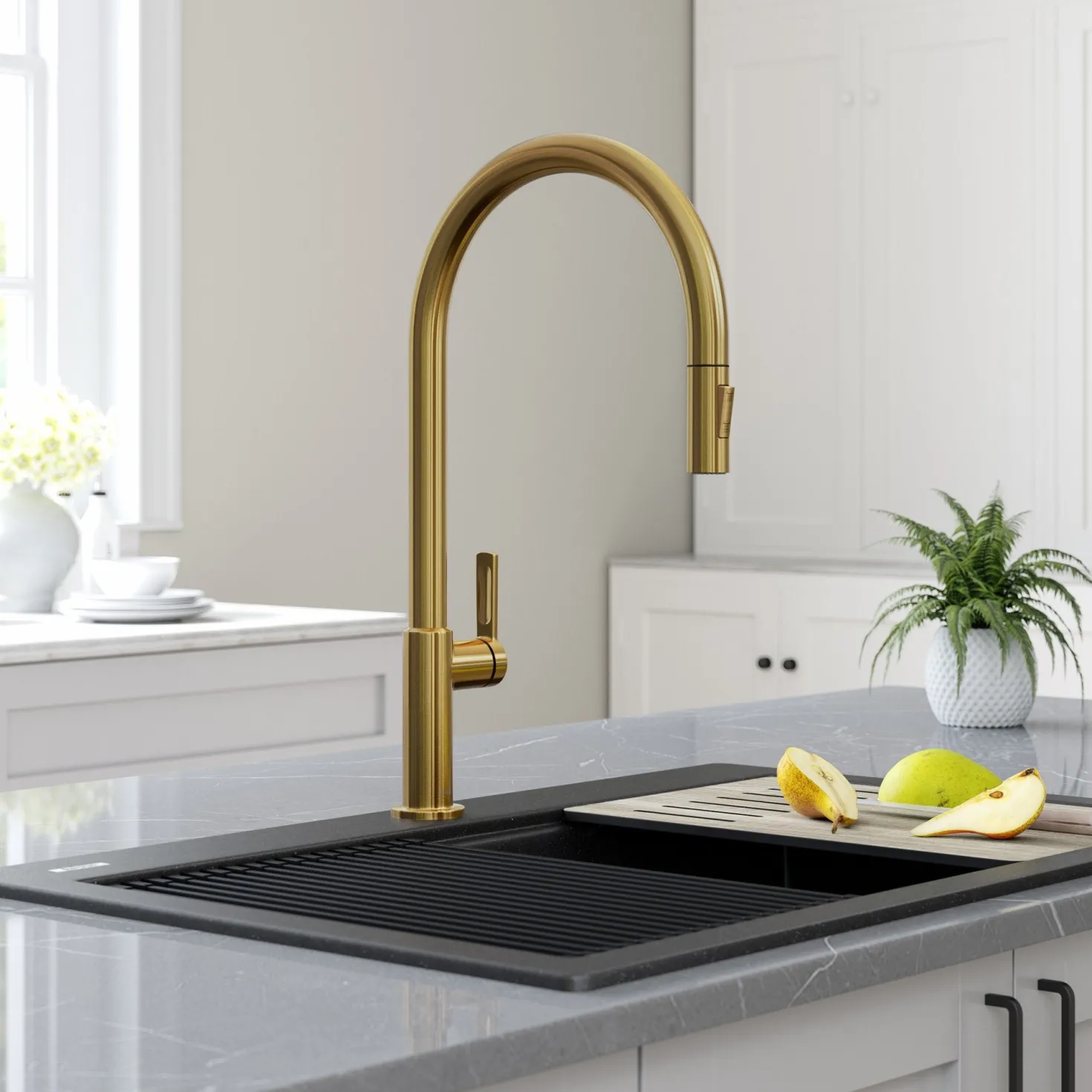 KRAUS Oletto High-Arc Single Handle Pull-Down Kitchen Faucet in Brushed Brass