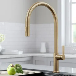 KRAUS Oletto High-Arc Single Handle Pull-Down Kitchen Faucet in Spot Free Antique Champagne Bronze