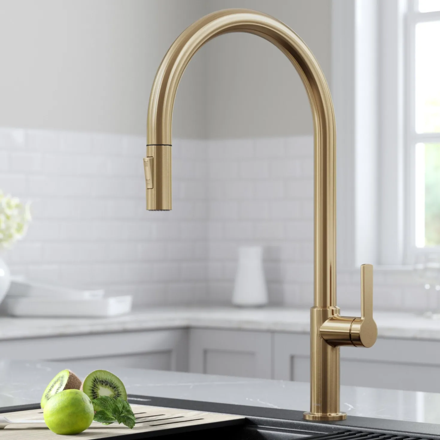 KRAUS Oletto High-Arc Single Handle Pull-Down Kitchen Faucet in Spot Free Antique Champagne Bronze