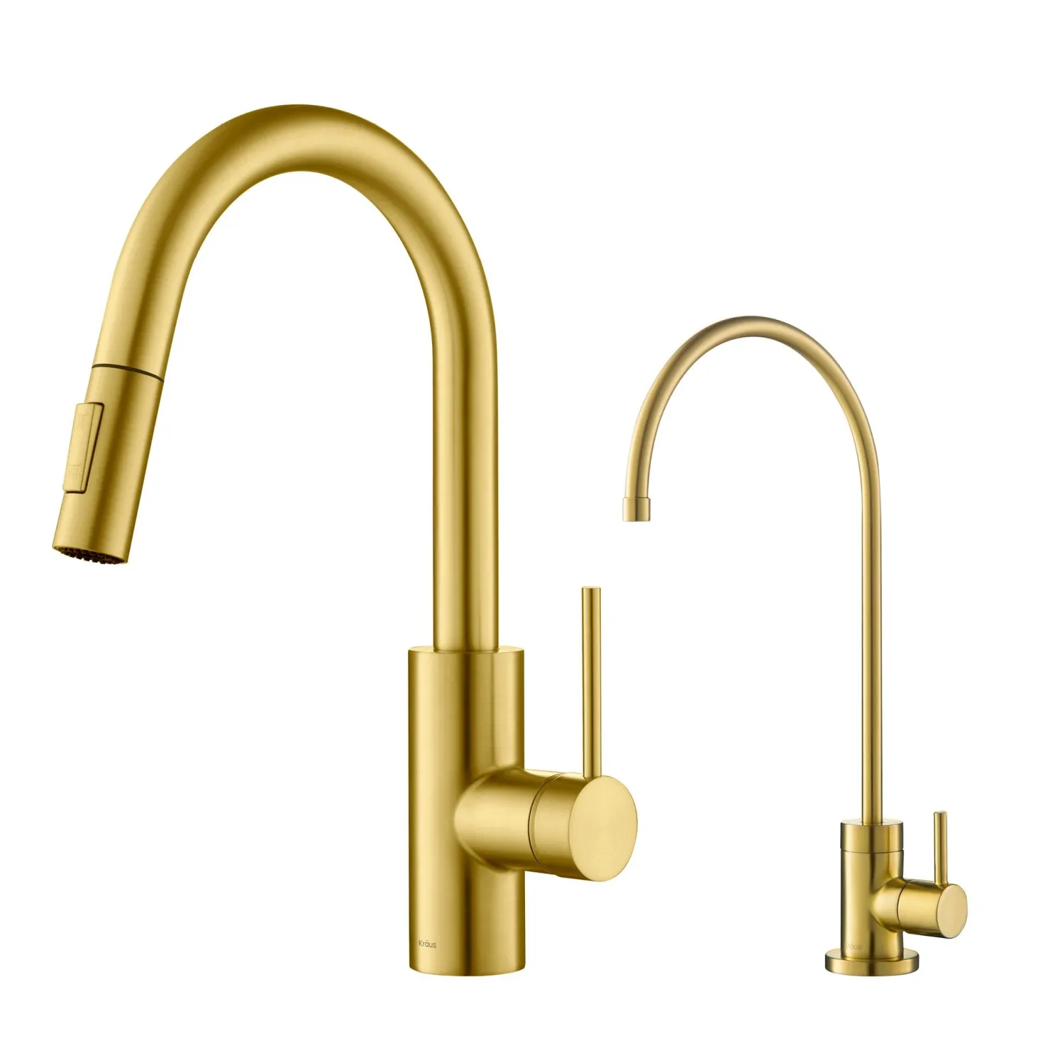 KRAUS Oletto Pull-Down Kitchen Faucet & Purita Water Filter Faucet in Brushed Brass