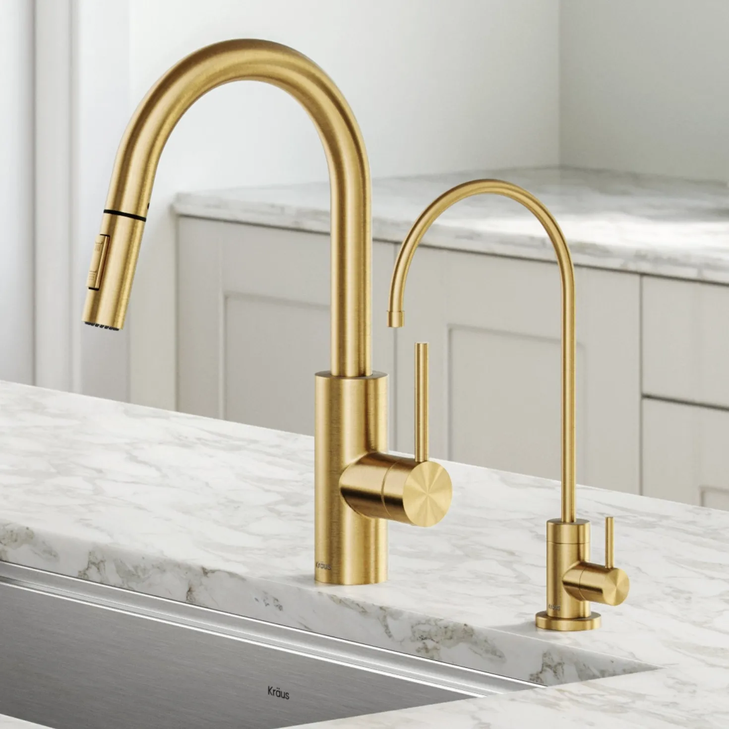 KRAUS Oletto Pull-Down Kitchen Faucet & Purita Water Filter Faucet in Brushed Brass
