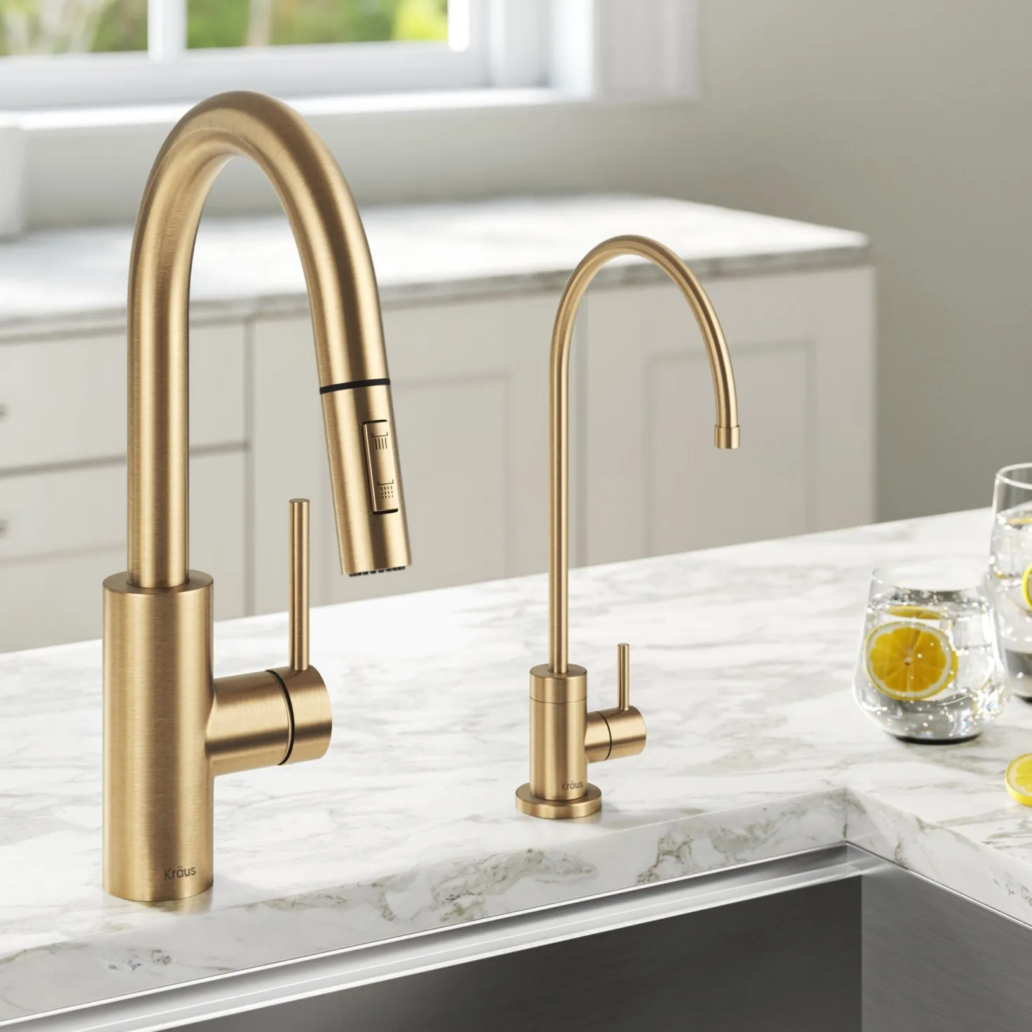 KRAUS Oletto Pull-Down Kitchen Faucet & Purita Water Filter Faucet in Brushed Brass