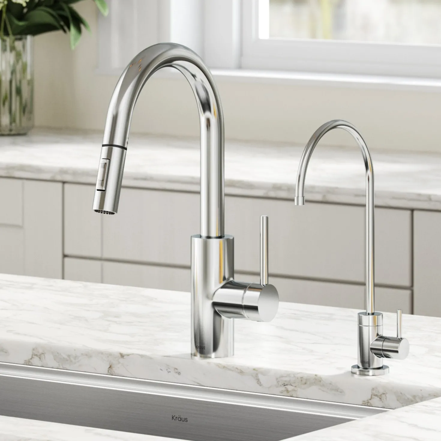 KRAUS Oletto Pull-Down Kitchen Faucet & Purita Water Filter Faucet in Chrome