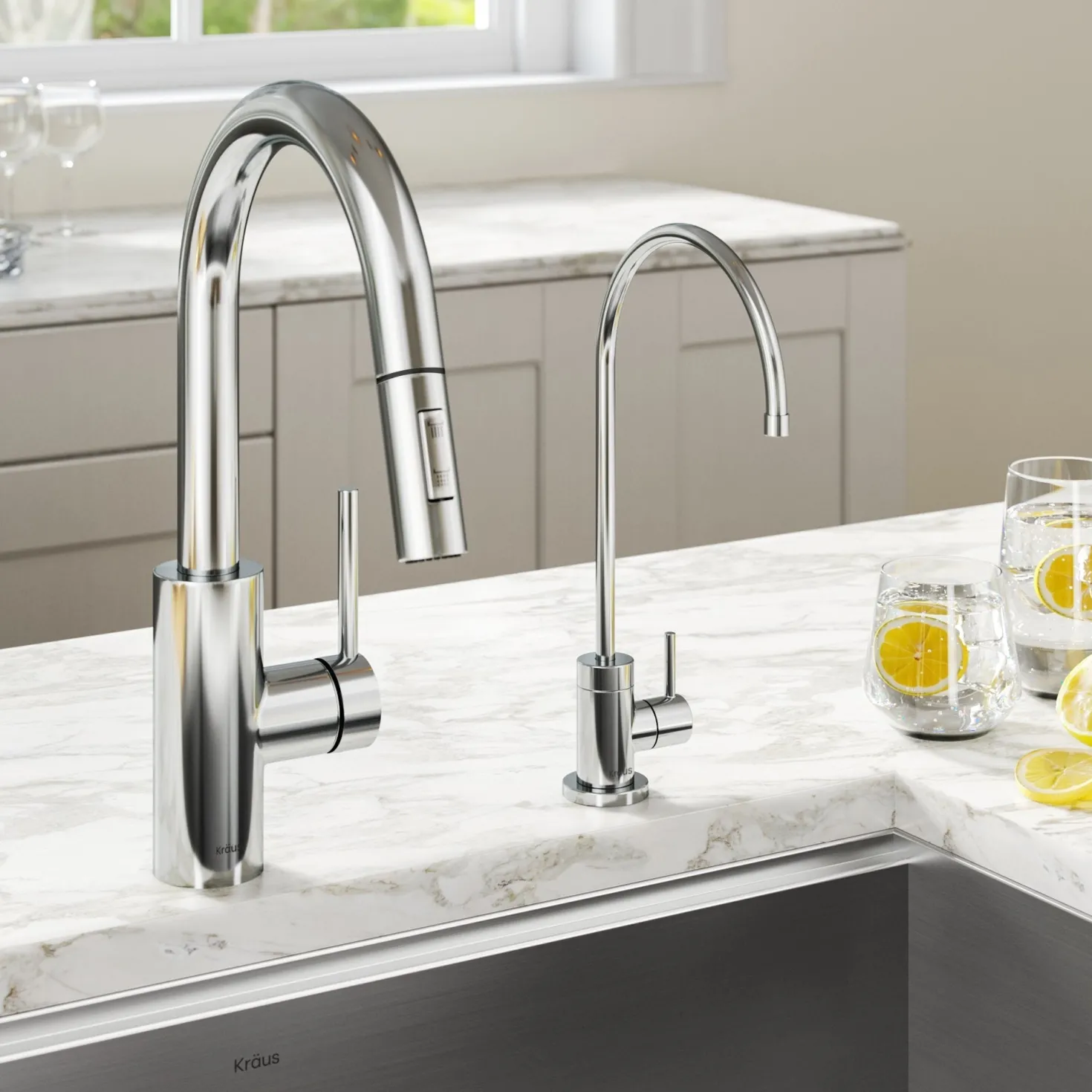 KRAUS Oletto Pull-Down Kitchen Faucet & Purita Water Filter Faucet in Chrome