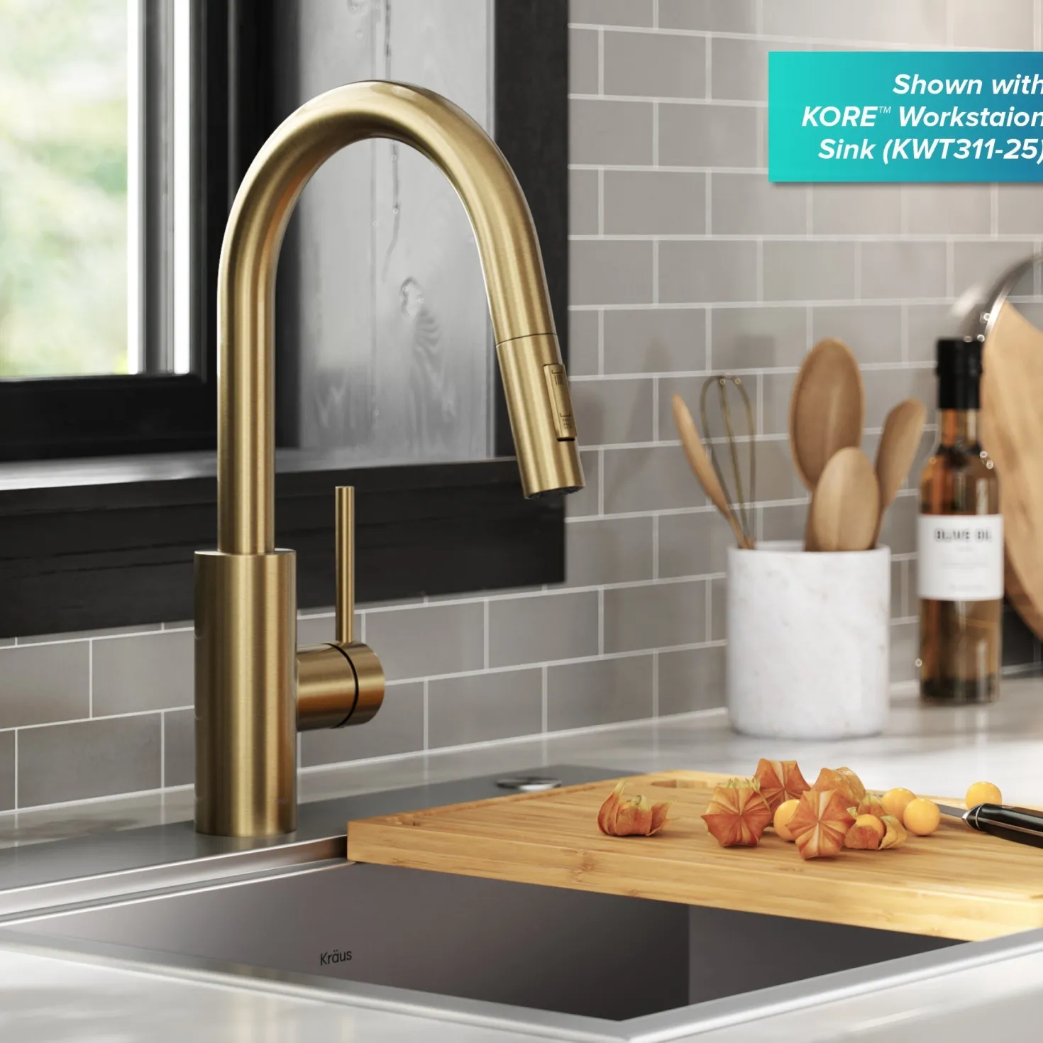 KRAUS Oletto Pull-Down Single Handle Kitchen Faucet in Spot Free Antique Champagne Bronze