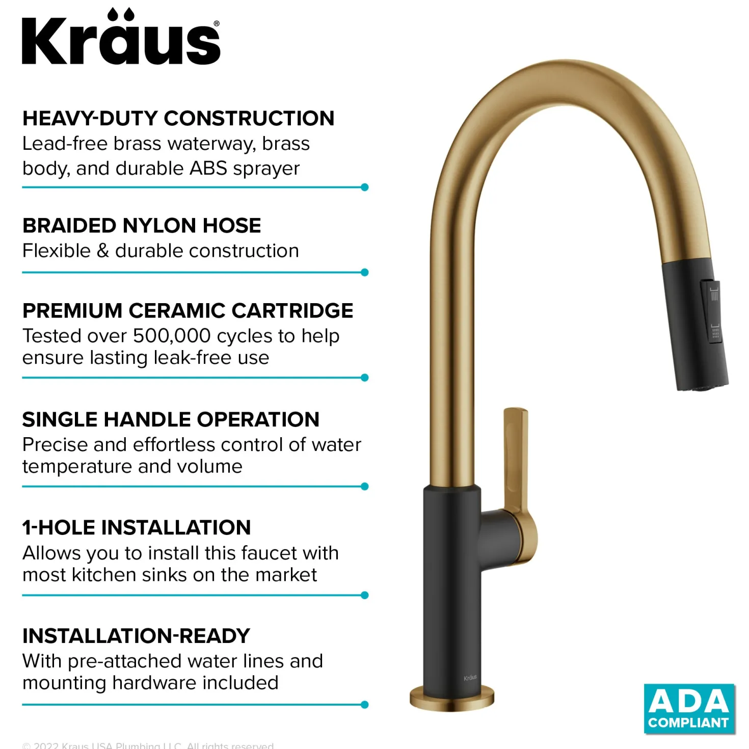 KRAUS Oletto Single Handle Brushed Brass & Matte Black Pull-Down Kitchen Faucet