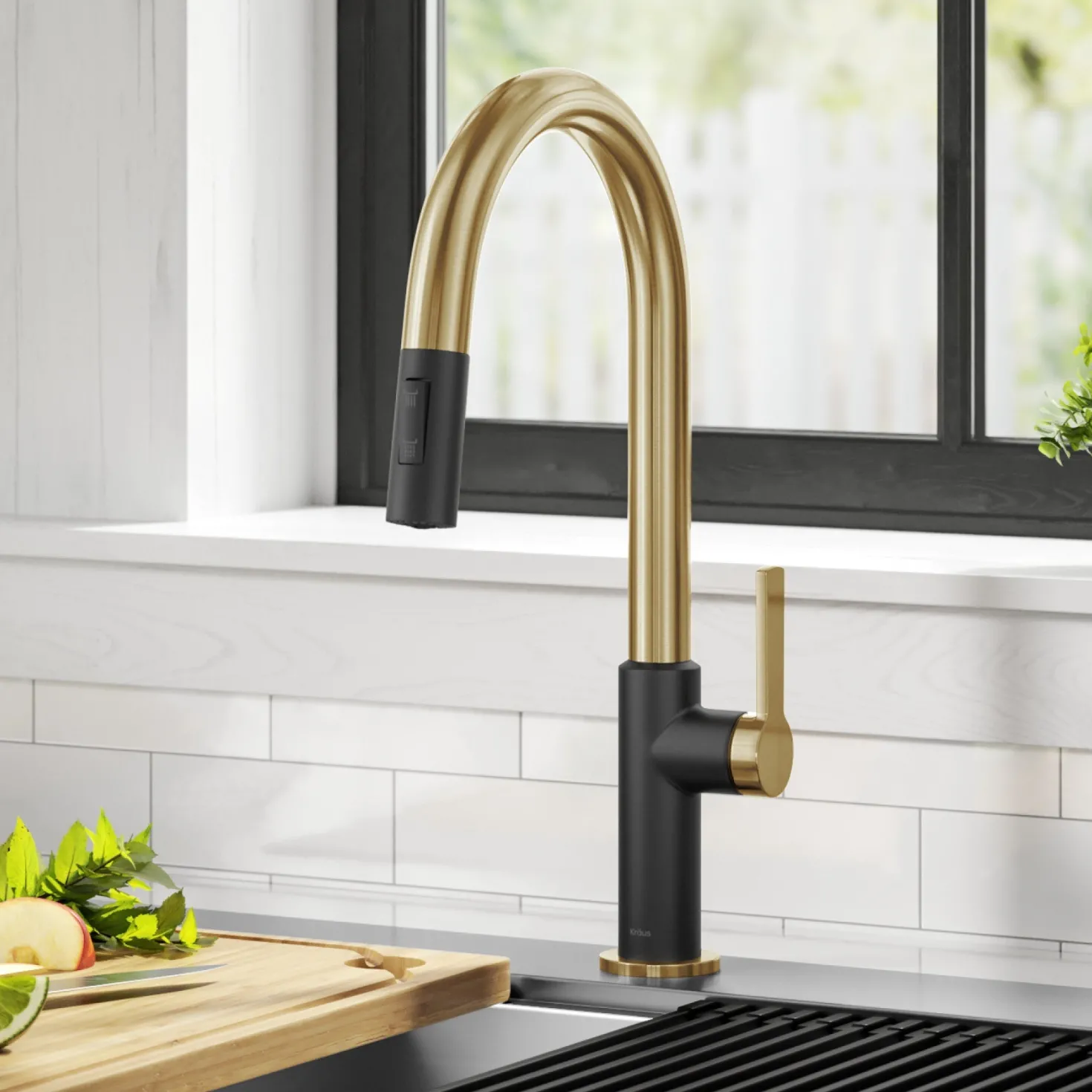 KRAUS Oletto Single Handle Brushed Brass & Matte Black Pull-Down Kitchen Faucet