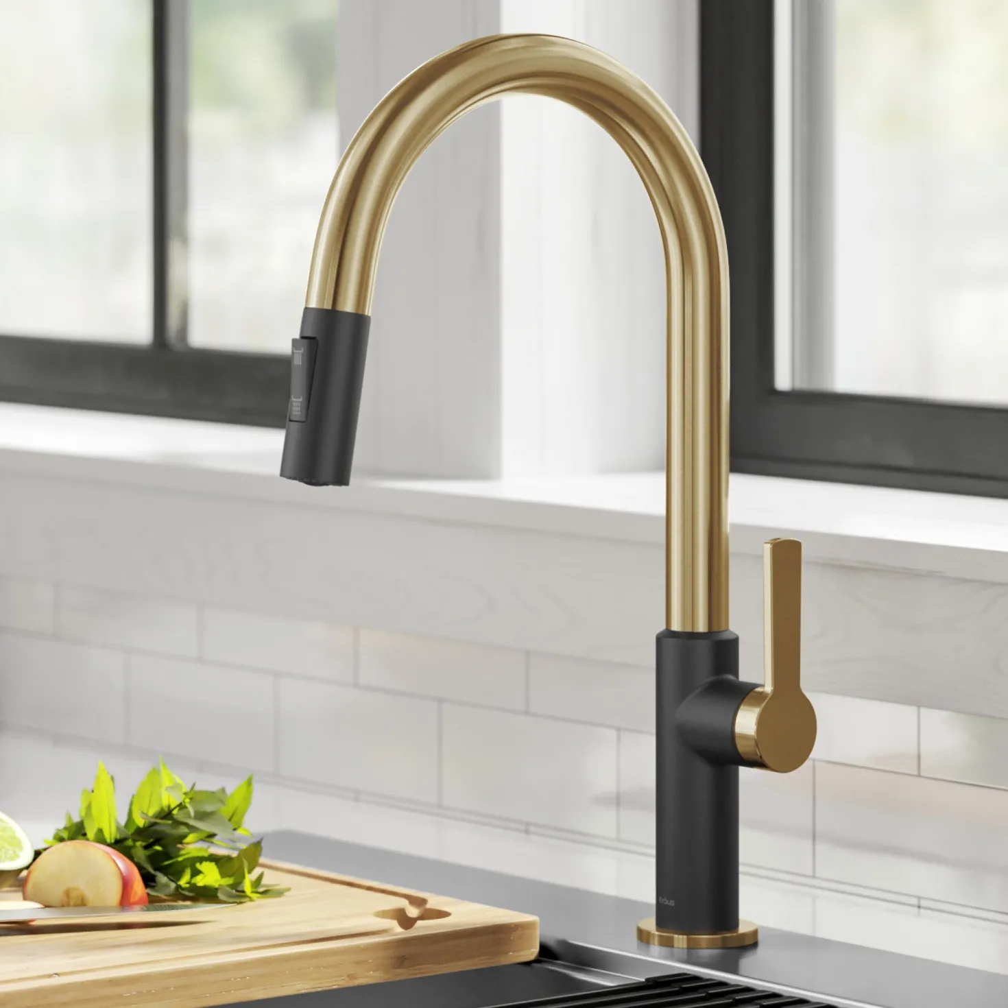 KRAUS Oletto Single Handle Brushed Brass & Matte Black Pull-Down Kitchen Faucet