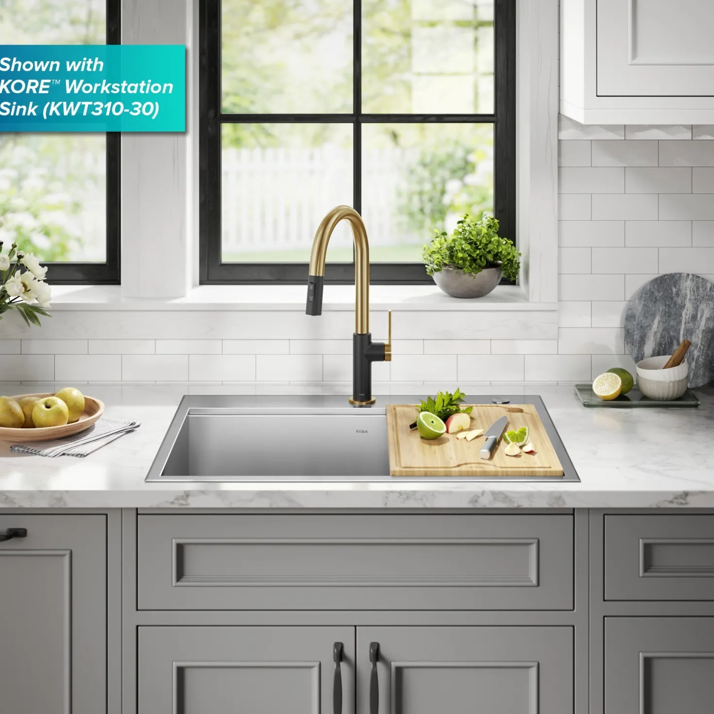 KRAUS Oletto Single Handle Brushed Brass & Matte Black Pull-Down Kitchen Faucet