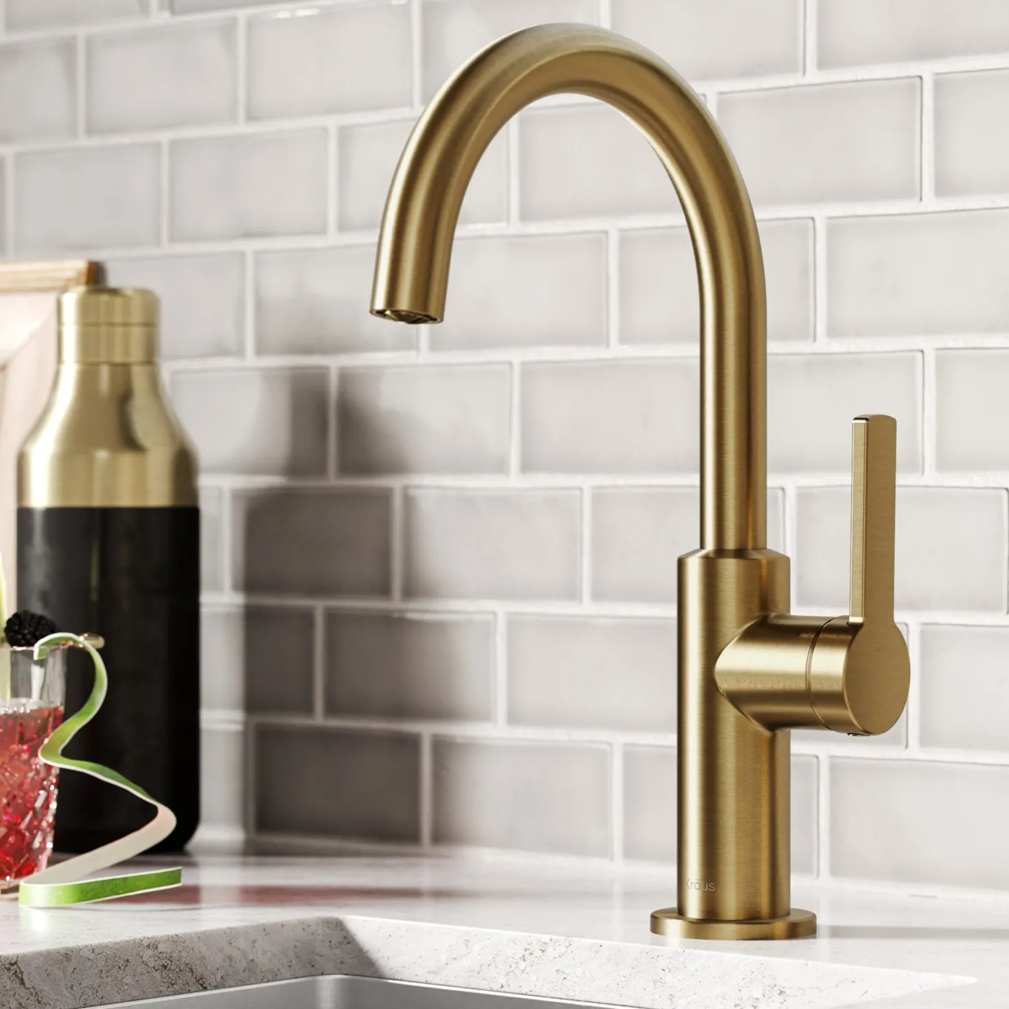 KRAUS Oletto Single Handle Kitchen Bar Faucet in Brushed Brass