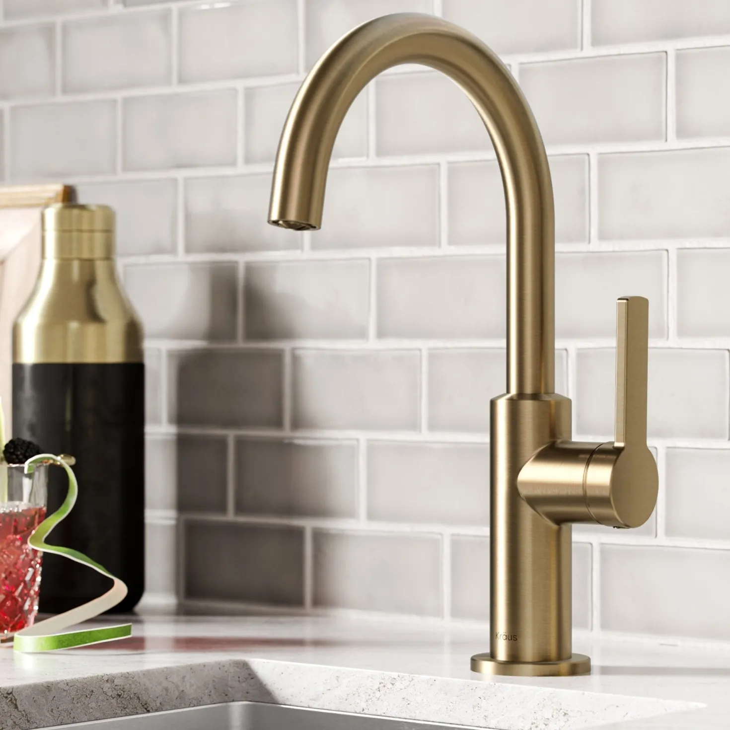 KRAUS Oletto Single Handle Kitchen Bar Faucet in Spot Free Antique Champagne Bronze