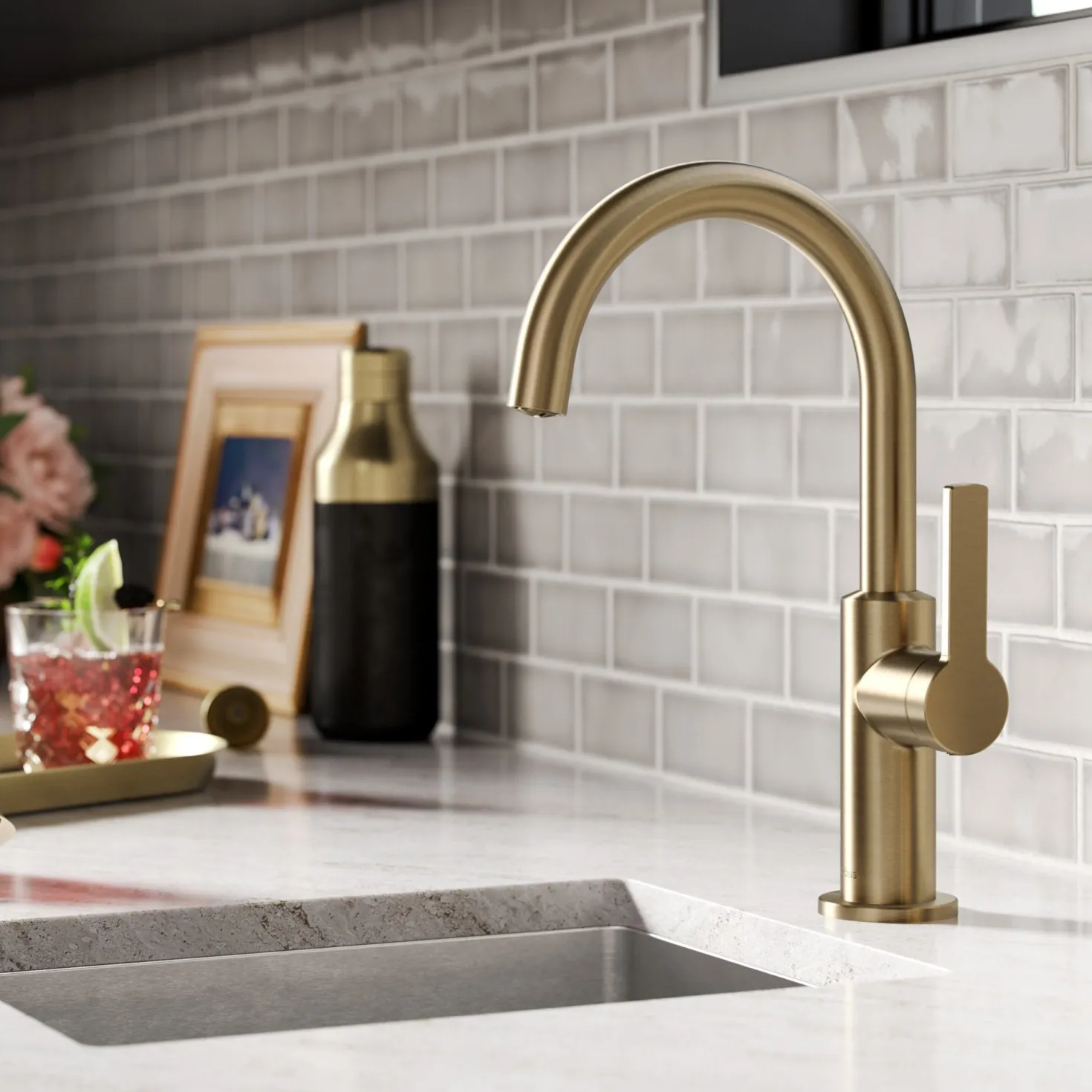 KRAUS Oletto Single Handle Kitchen Bar Faucet in Spot Free Antique Champagne Bronze