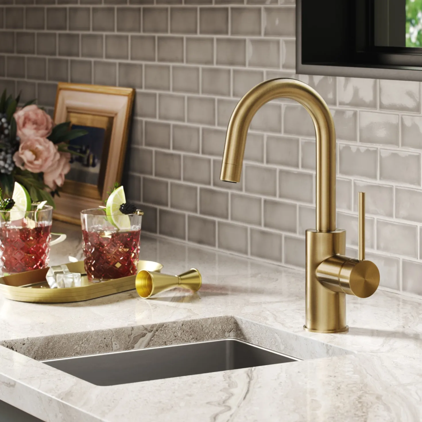 KRAUS Oletto Single Handle Kitchen Bar Faucet in Spot Free Antique Champagne Bronze