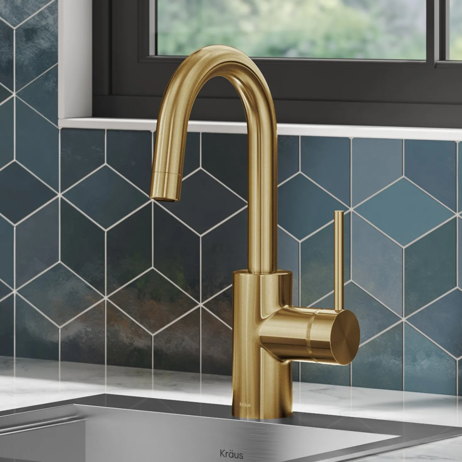 KRAUS Oletto Single Handle Kitchen Bar Faucet in Brushed Brass
