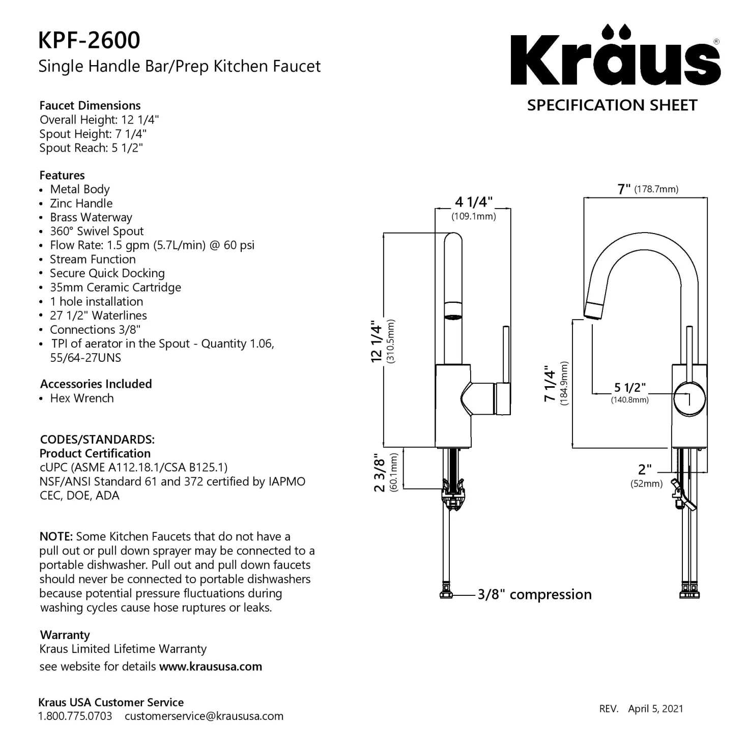 KRAUS Oletto Single Handle Kitchen Bar Faucet in Brushed Brass