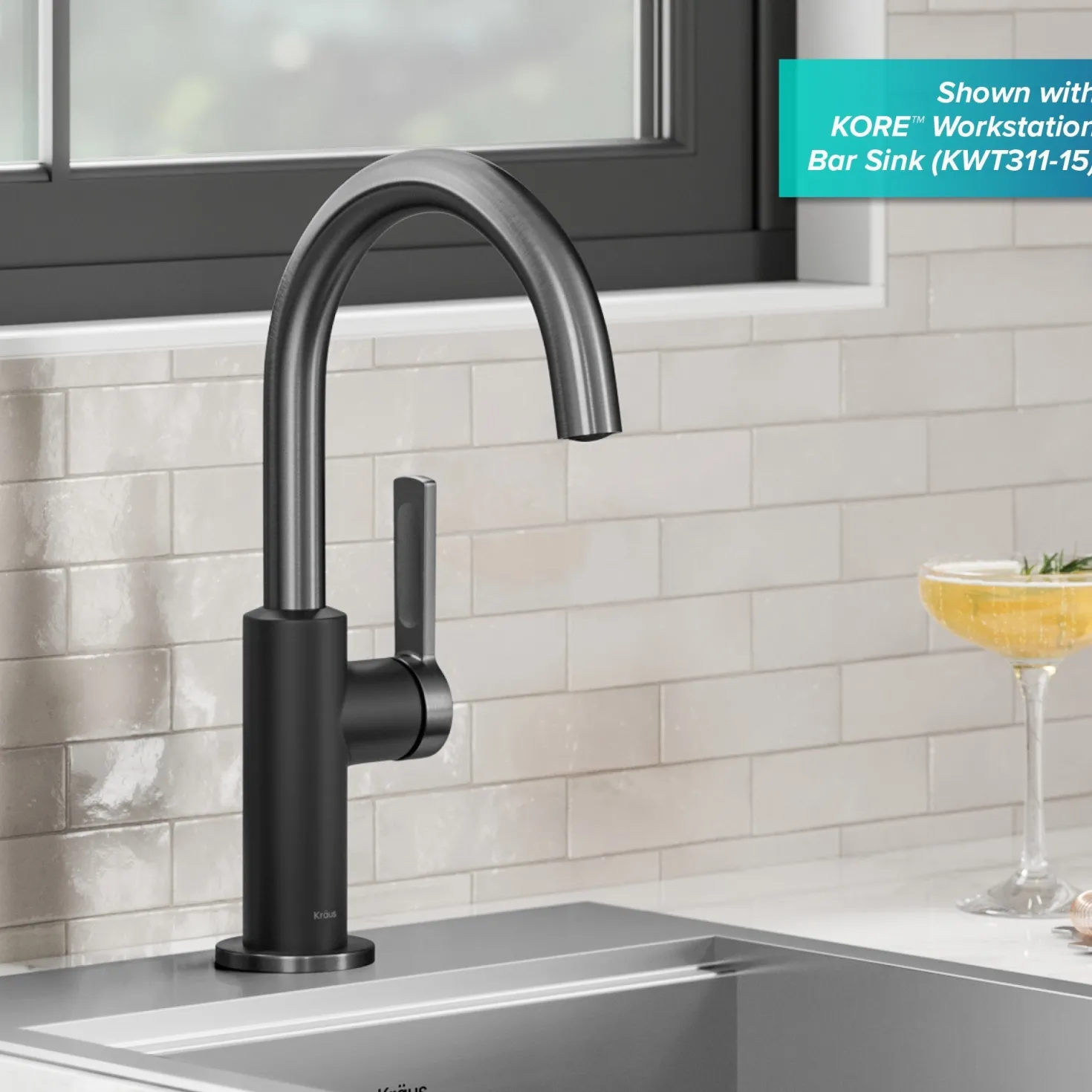 KRAUS Oletto Single Handle Matte Black & Black Stainless Steel Kitchen Bar Faucet