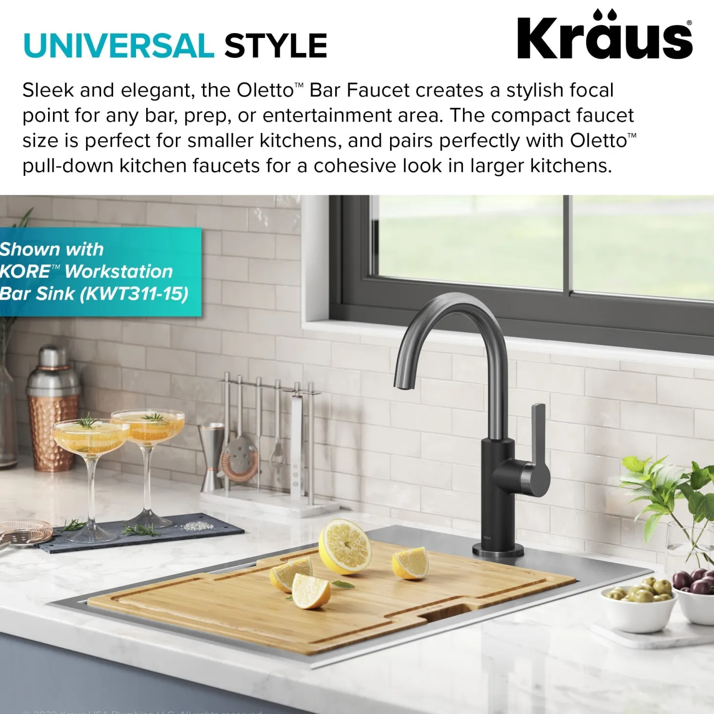 KRAUS Oletto Single Handle Matte Black & Black Stainless Steel Kitchen Bar Faucet