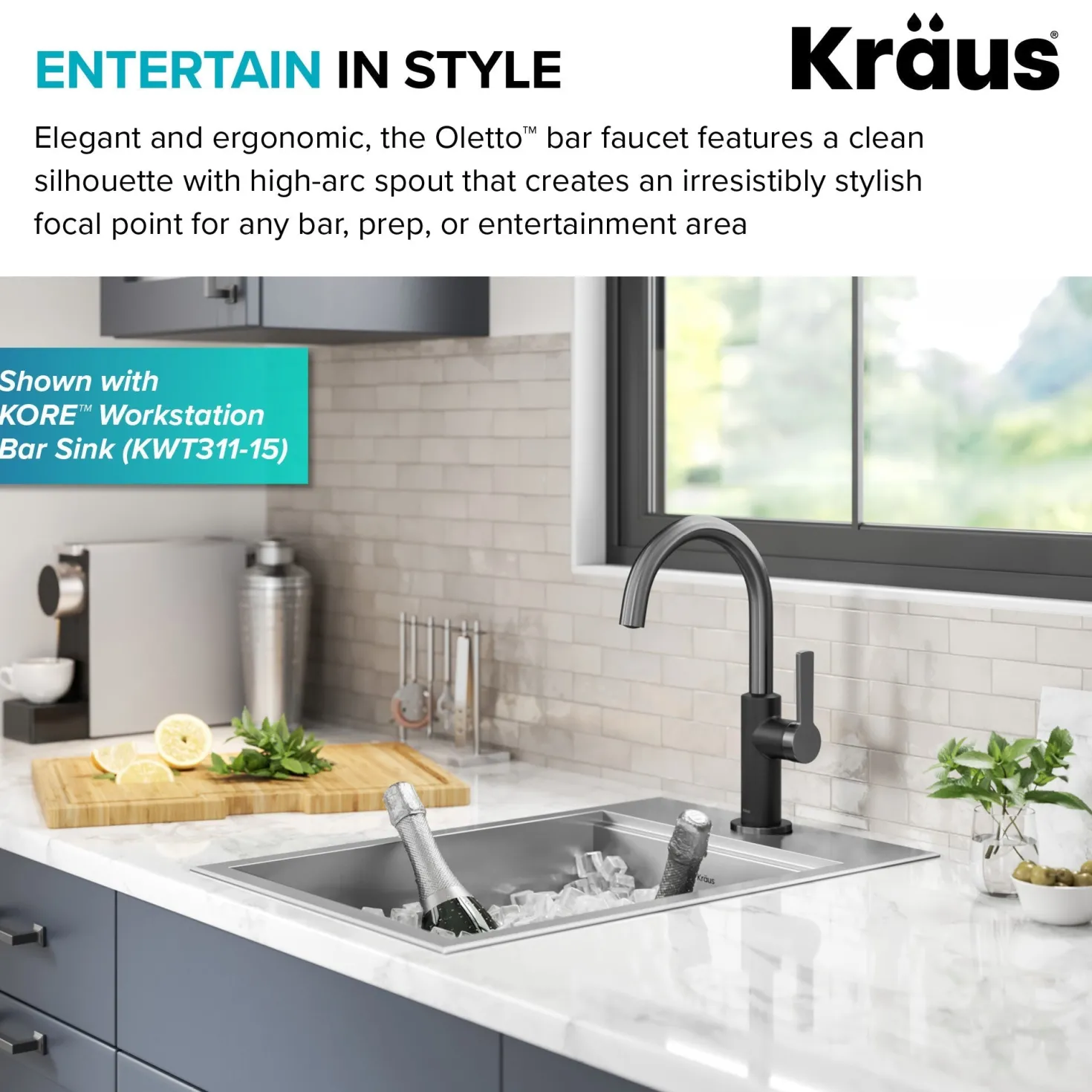 KRAUS Oletto Single Handle Matte Black & Black Stainless Steel Kitchen Bar Faucet