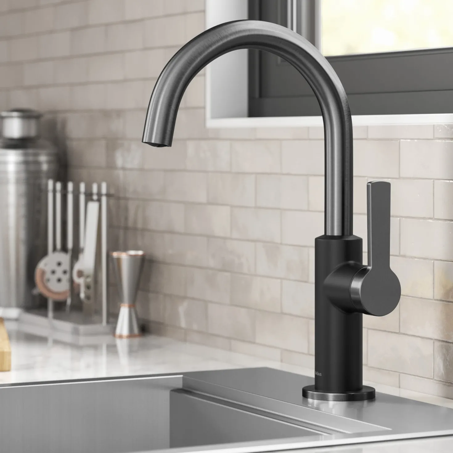 KRAUS Oletto Single Handle Matte Black & Black Stainless Steel Kitchen Bar Faucet